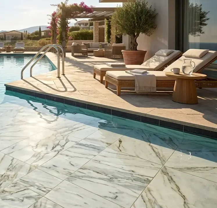 Conceptual rendering of marble-veined porcelain pool tile on a pool deck view