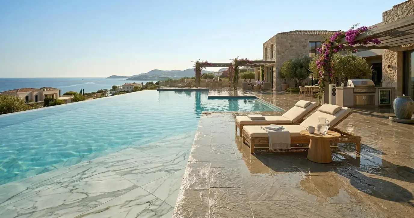 Conceptual rendering of textured porcelain pool tile on a wet pool deck
