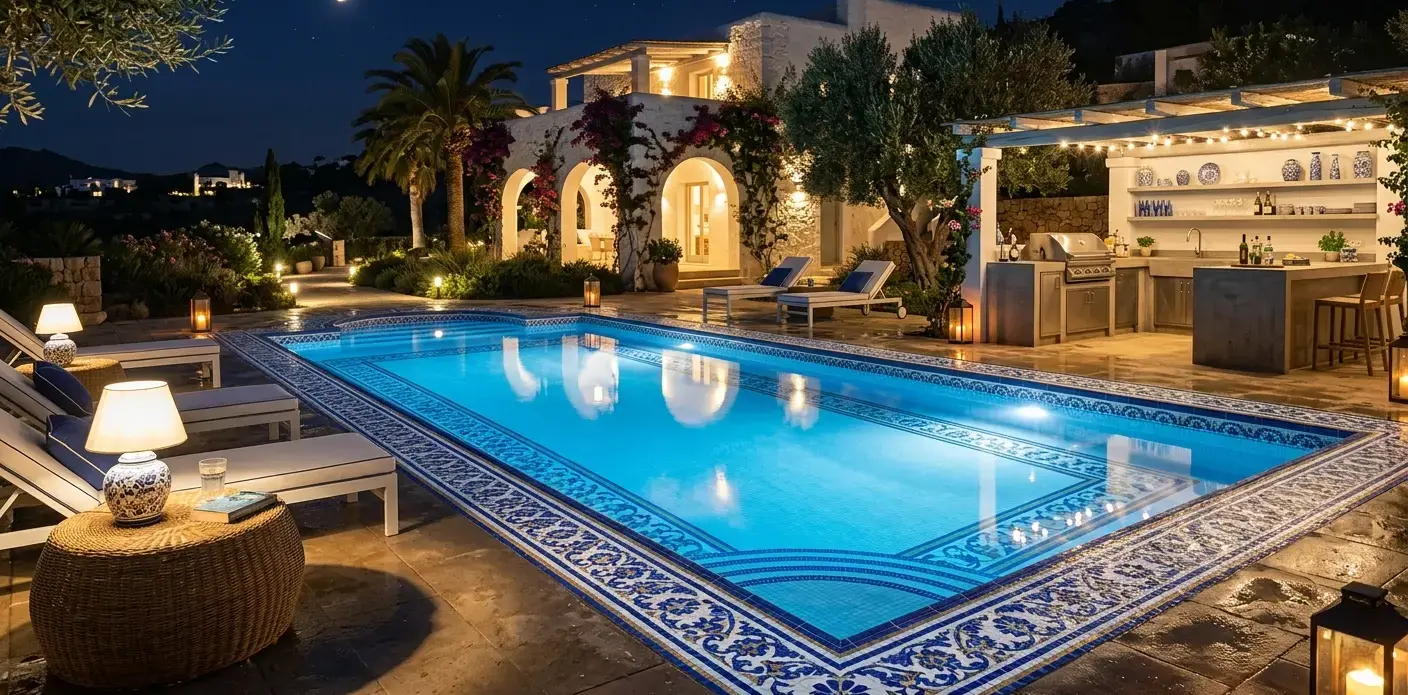 Conceptual rendering of blue and white porcelain pool tile surround