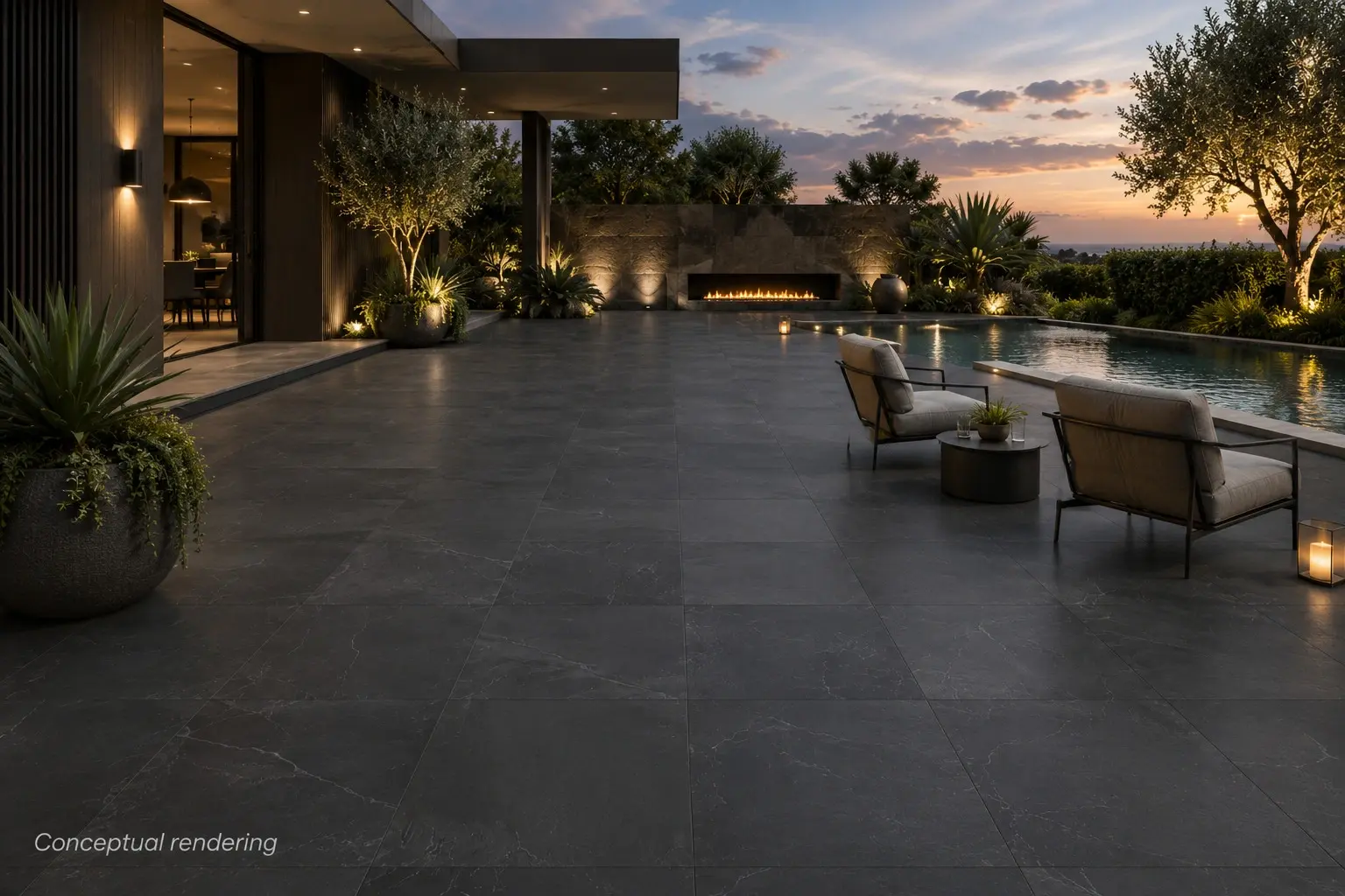 Conceptual rendering of luxury outdoor porcelain floor tiles in a modern poolside patio setting