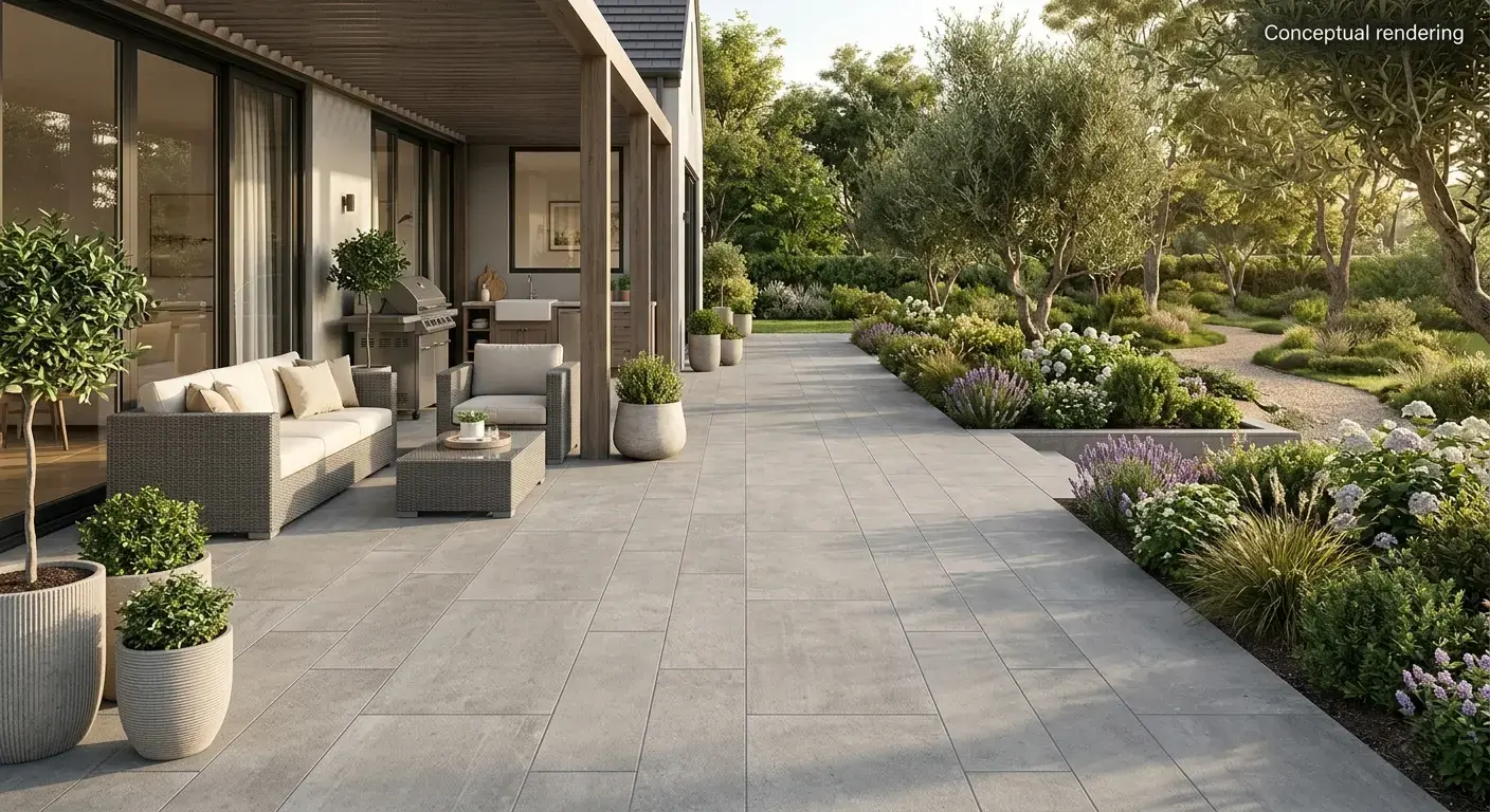 Conceptual rendering of outdoor porcelain tile on flooring