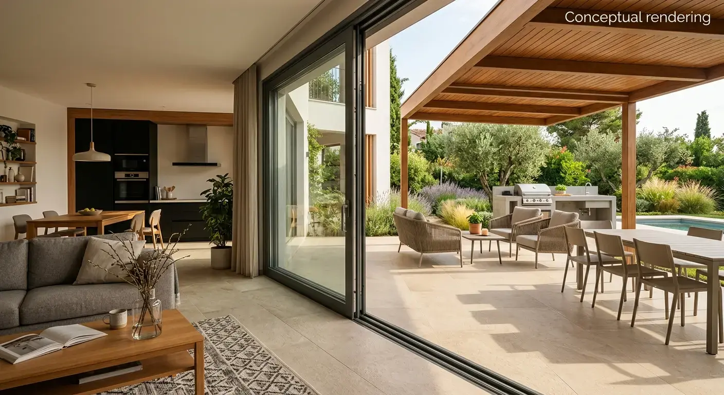 Conceptual rendering of indoor and outdoor porcelain tile flooring