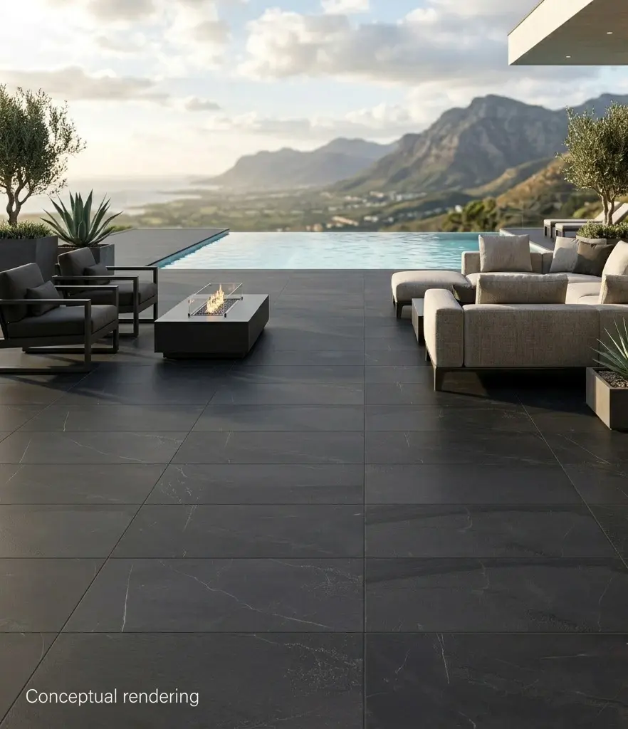 Conceptual rendering of an elegant modern patio featuring dark slate textured outdoor porcelain floor tiles