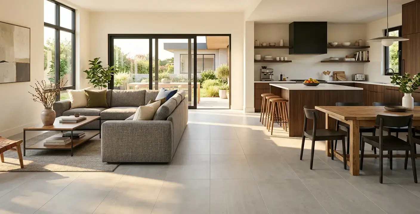 Conceptual rendering of 12x24 light gray matte porcelain tile in a modern open-plan living room floor