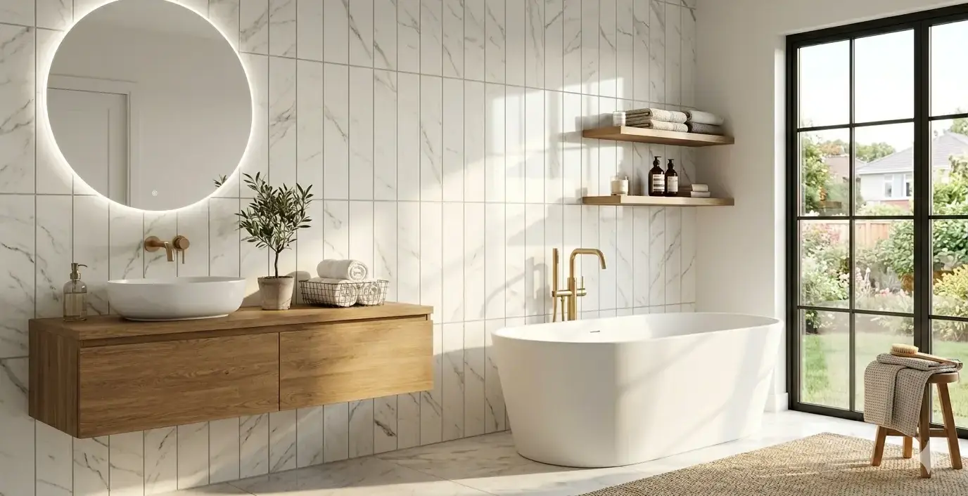 Conceptual rendering of 12x24 white porcelain tile with marble veining in a vertical stack on a bathroom wall