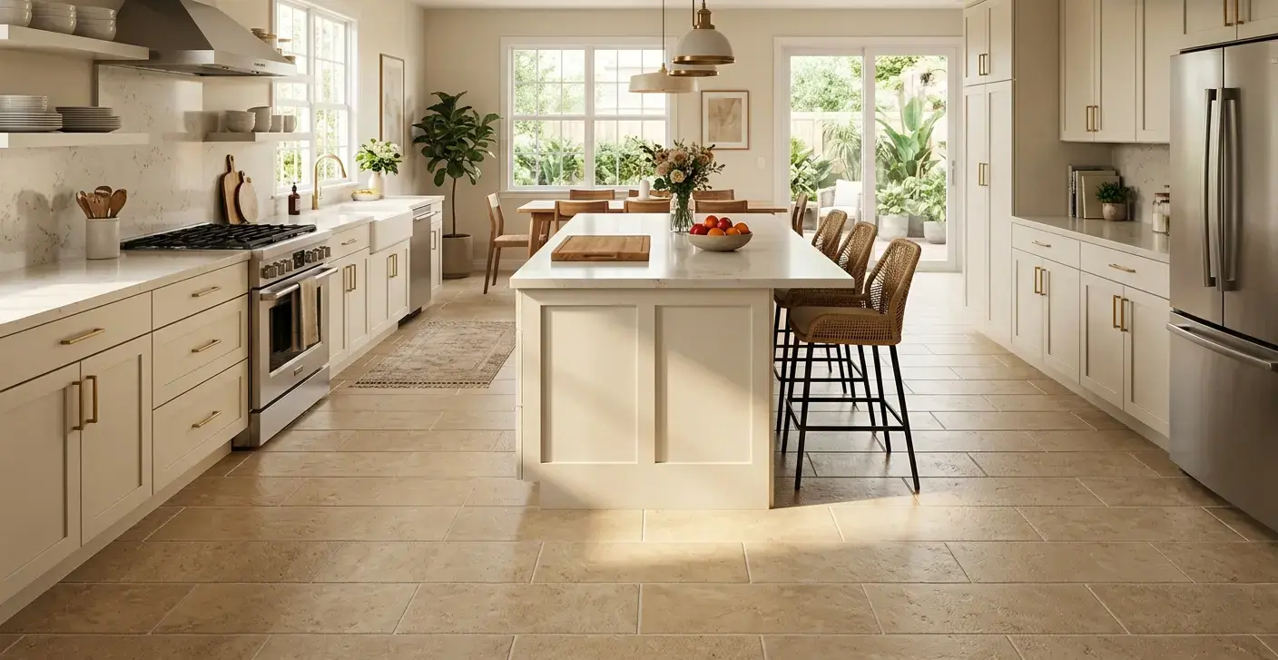 Conceptual rendering of 12x24 warm beige porcelain tile in a brick-joint offset pattern on a kitchen floor