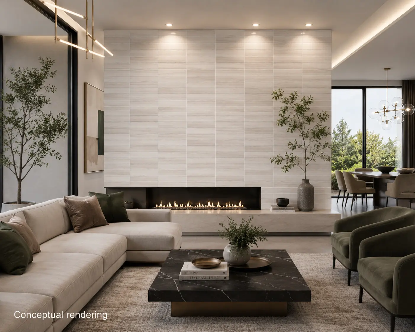 Conceptual rendering of luxury living room featuring a porcelain mosaic tile accent wall and modern furnishings