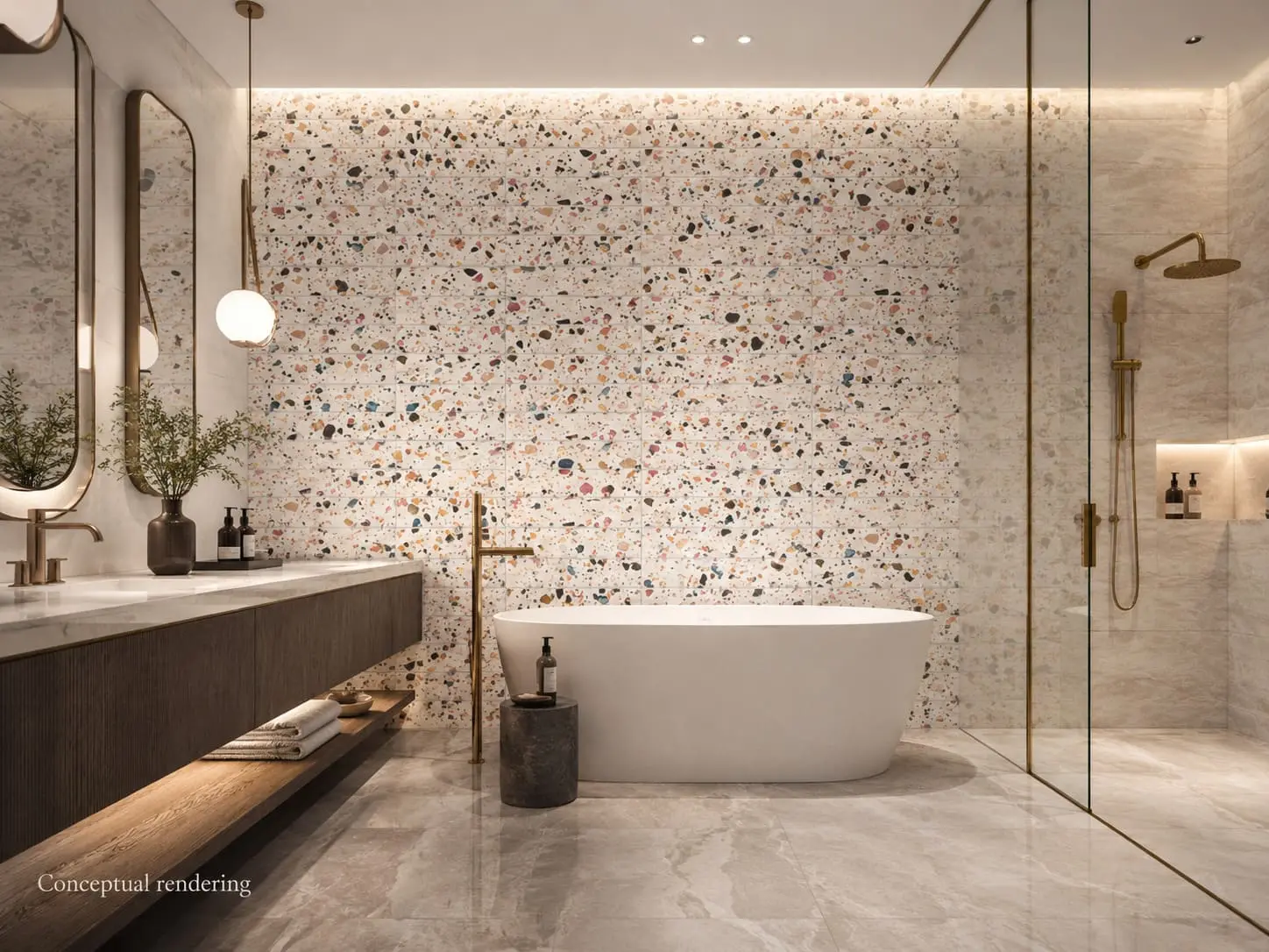 Conceptual rendering of luxury bathroom with terrazzo porcelain mosaic tile accent wall