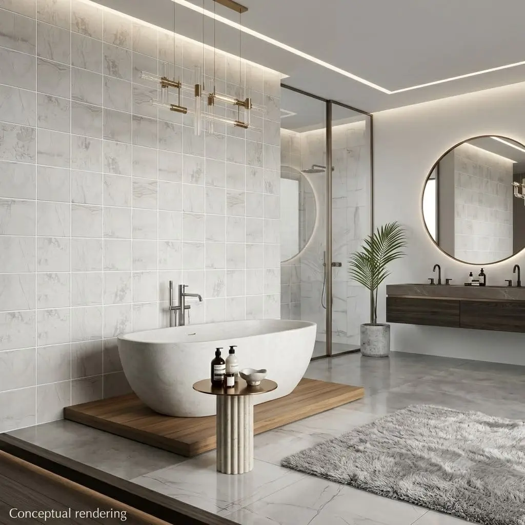 Conceptual rendering of high-end luxury bathroom featuring a modern porcelain mosaic tile focal wall