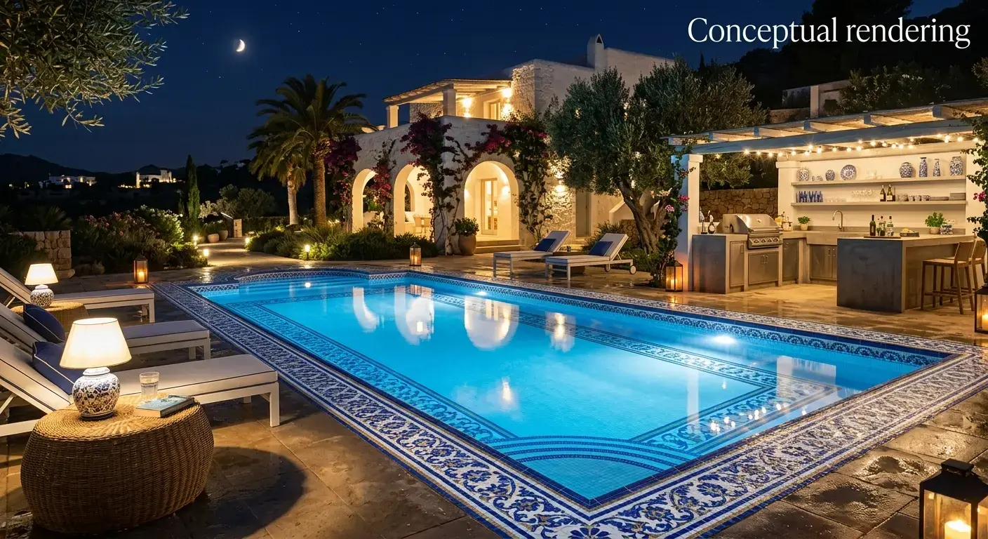Conceptual rendering of blue white porcelain tile in pool