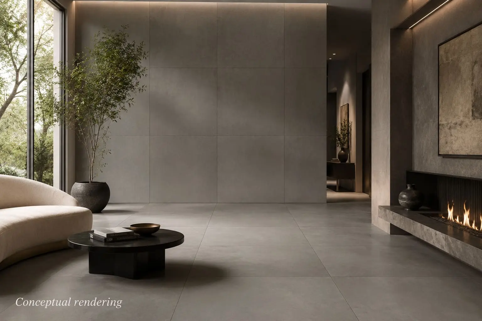 Conceptual rendering of Colossal matte cement look porcelain tile in a luxury modern interior