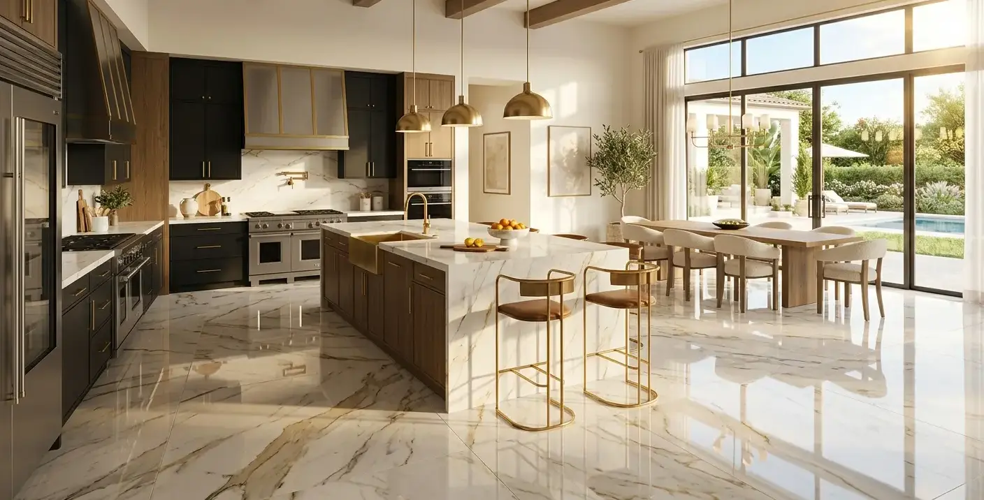 Conceptual rendering of polished calacatta slab porcelain tile flooring in a large open-plan kitchen with warm gold and cool gray veining