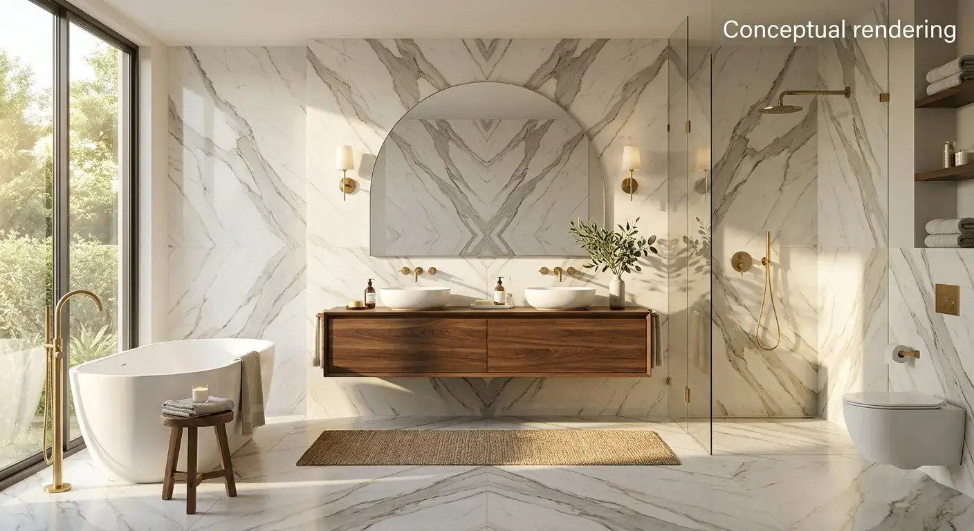 Conceptual rendering of bookmatched slab porcelain tile flooring and wall application in a bathroom tile layout with symmetrical calacatta veining