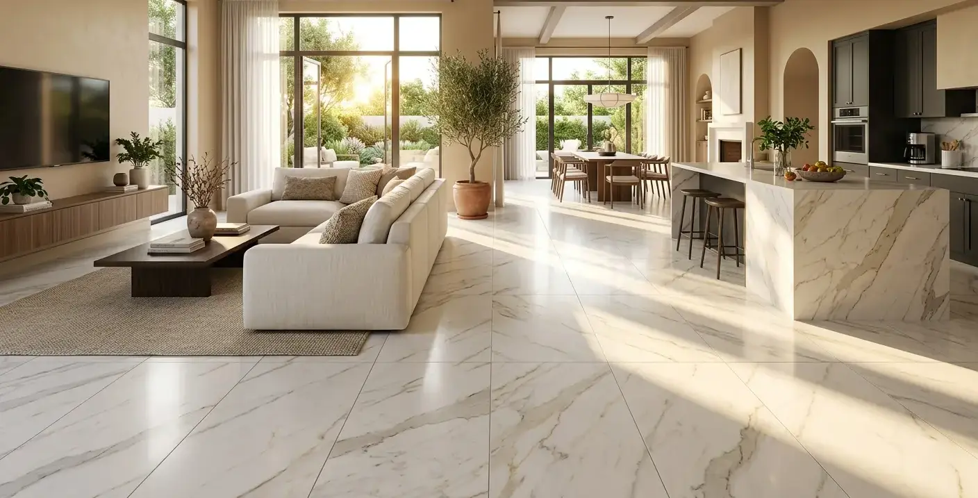 Conceptual rendering of large-format 24x48 porcelain tile flooring with calacatta stone surface pattern in an open living room setting