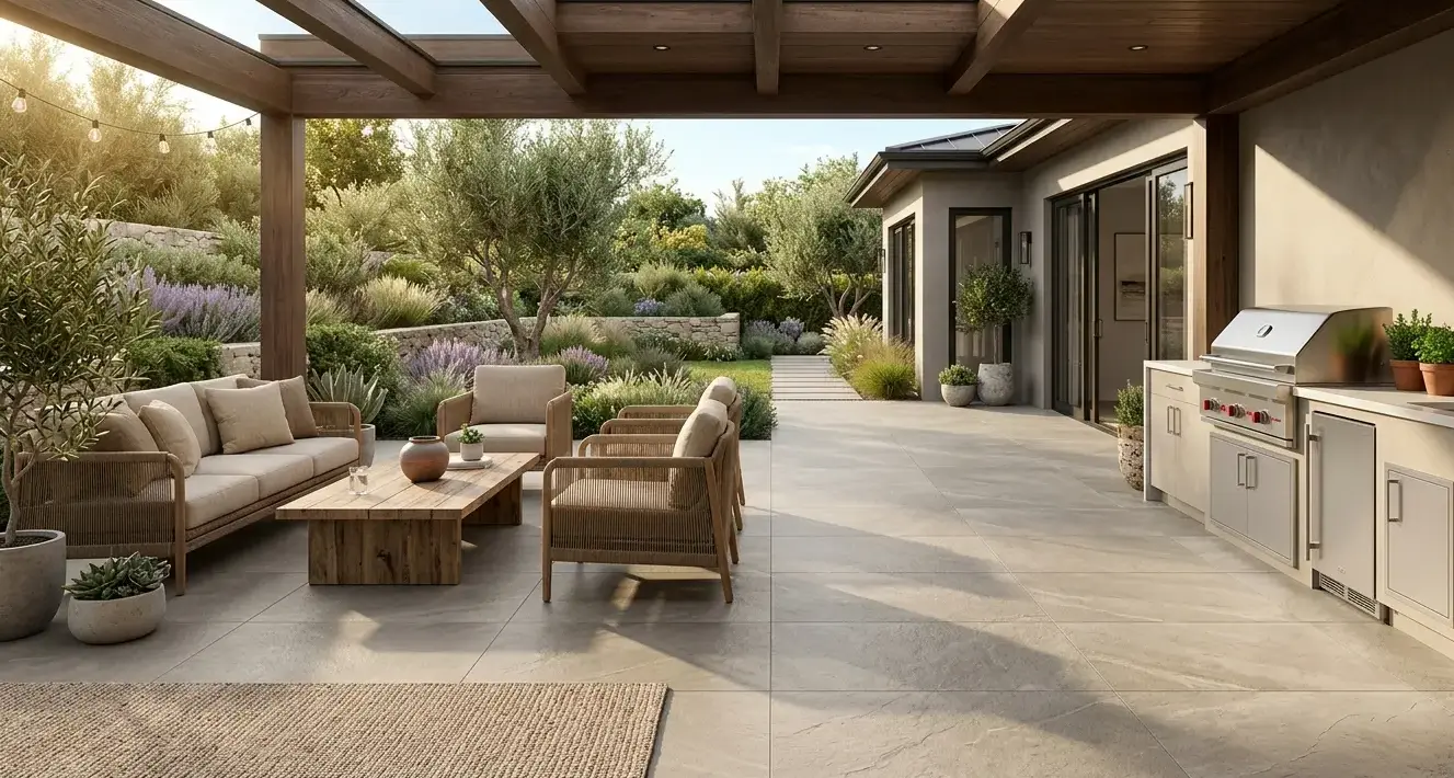 Conceptual rendering of matte large-format porcelain tile flooring on a covered outdoor tile patio with greige stone surface finish in a frost-rated application