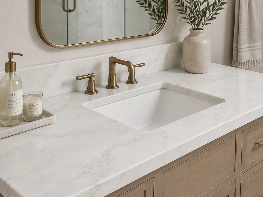 Conceptual rendering of a white quartzite countertop in a bathroom