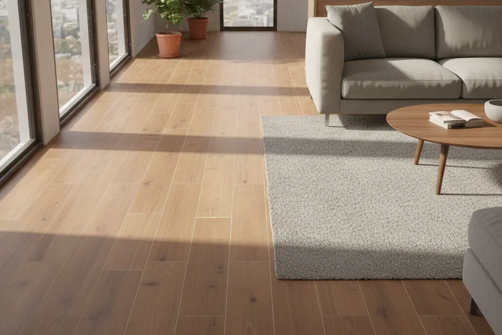 Soft chestnut wood plank hardwood and LVP flooring options at Nova Tile and Stone