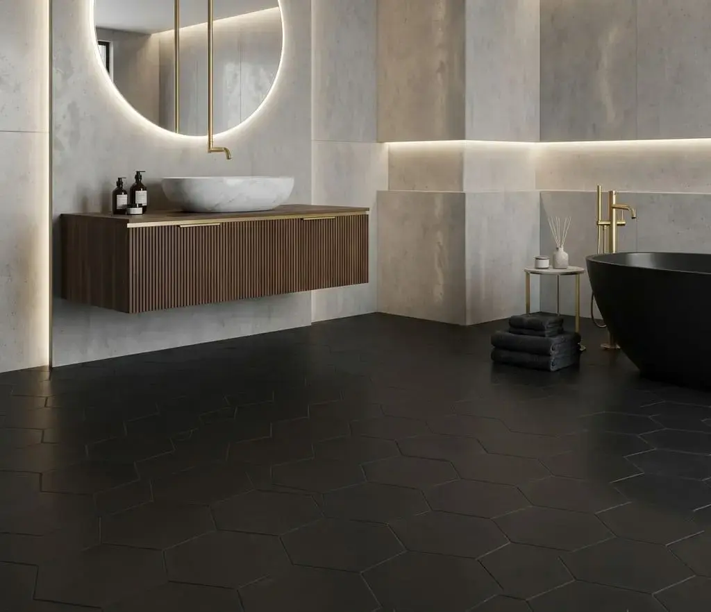 Conceptual rendering of luxury modern bathroom featuring a wide angle view of Odyssey hexagon matte porcelain tile flooring available at Nova Tile and Stone, Reno showroom