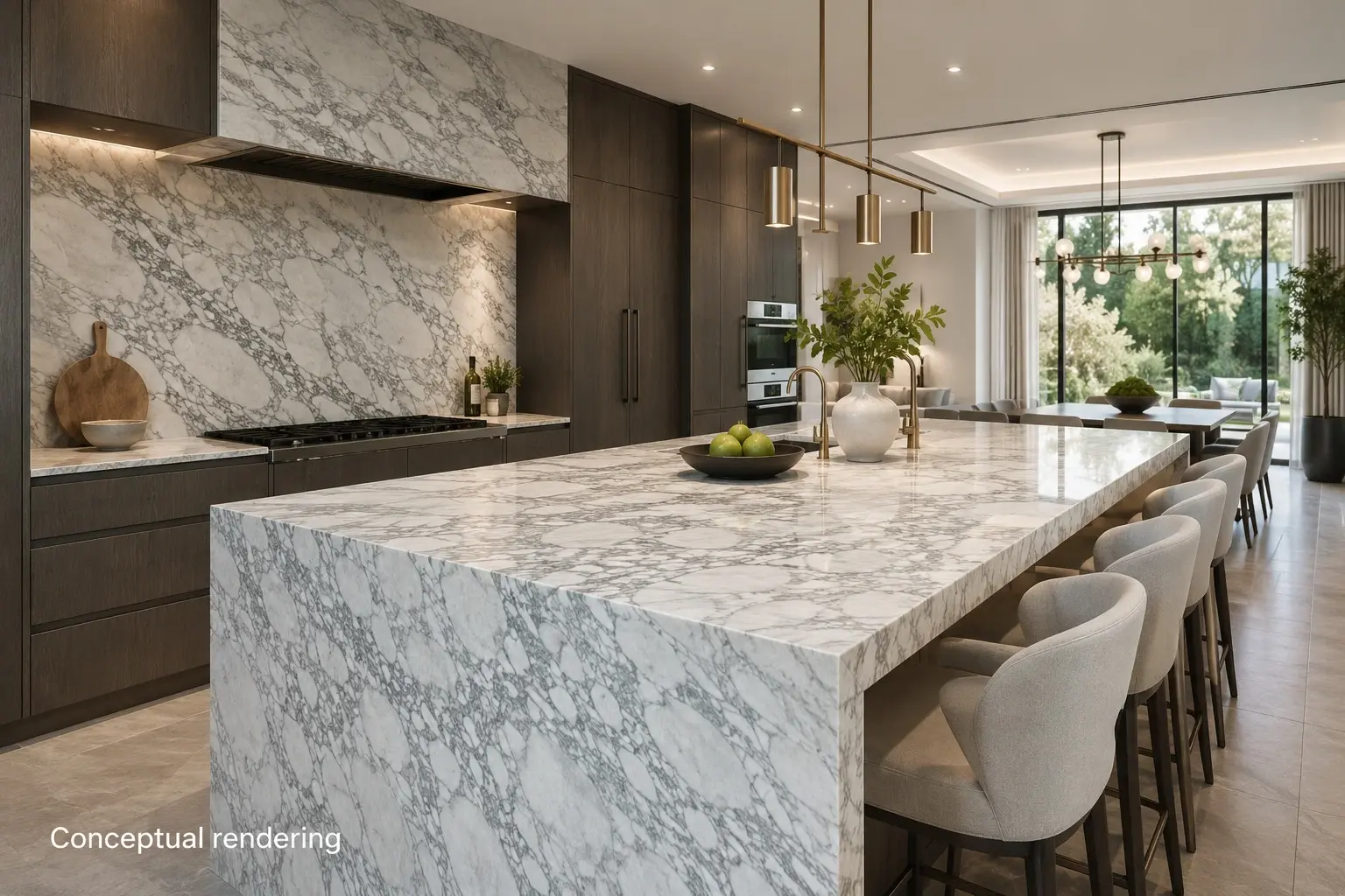 Conceptual rendering of luxury kitchen featuring a Calacatta marble slab for countertop with dramatic gray veining
