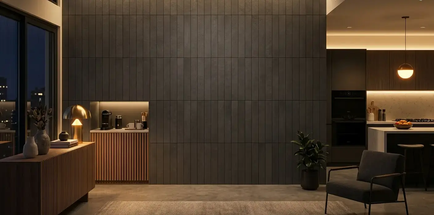 Conceptual rendering of large format charcoal porcelain wall tiles in a vertical stack layout on a feature wall
