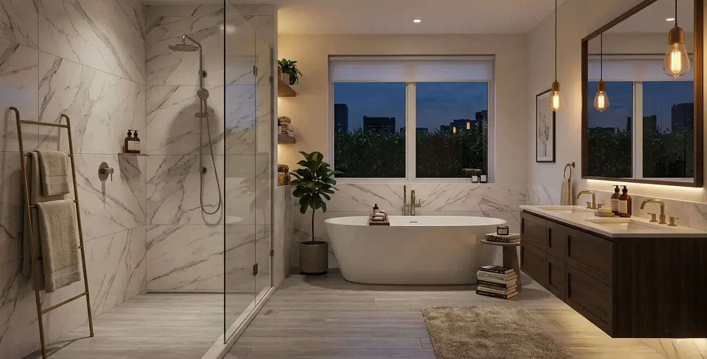 Conceptual rendering of glossy white porcelain wall tiles with soft Carrara veining in a shower niche
