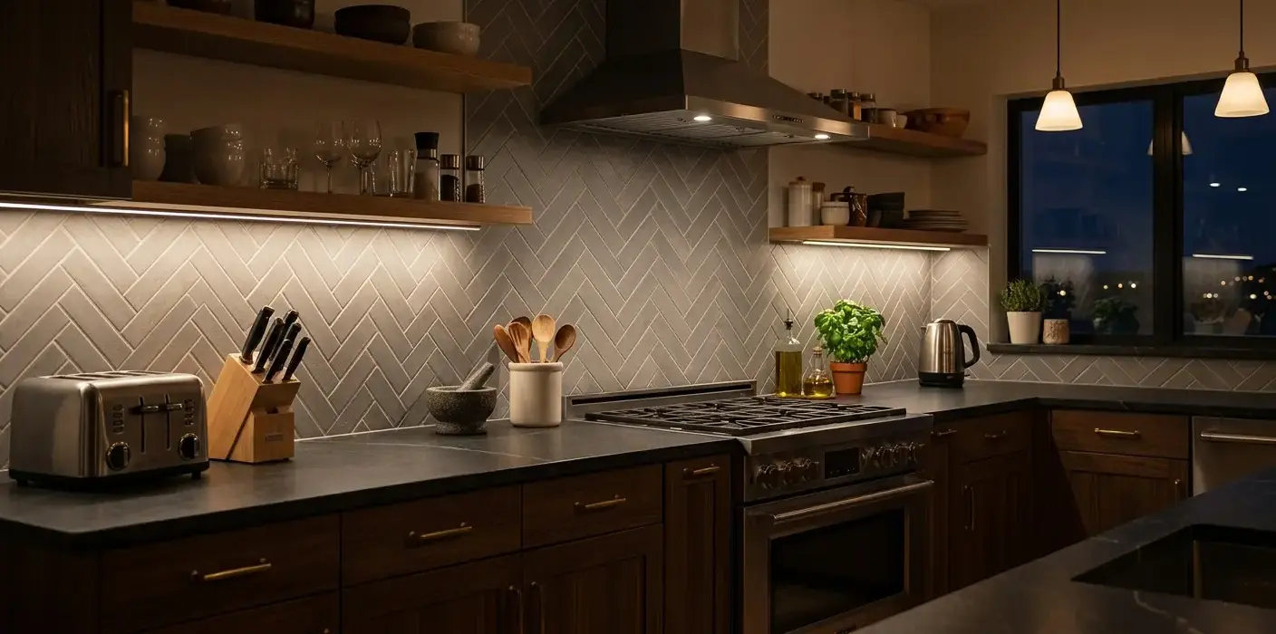 Conceptual rendering of matte gray porcelain wall tiles in a herringbone layout on a kitchen backsplash