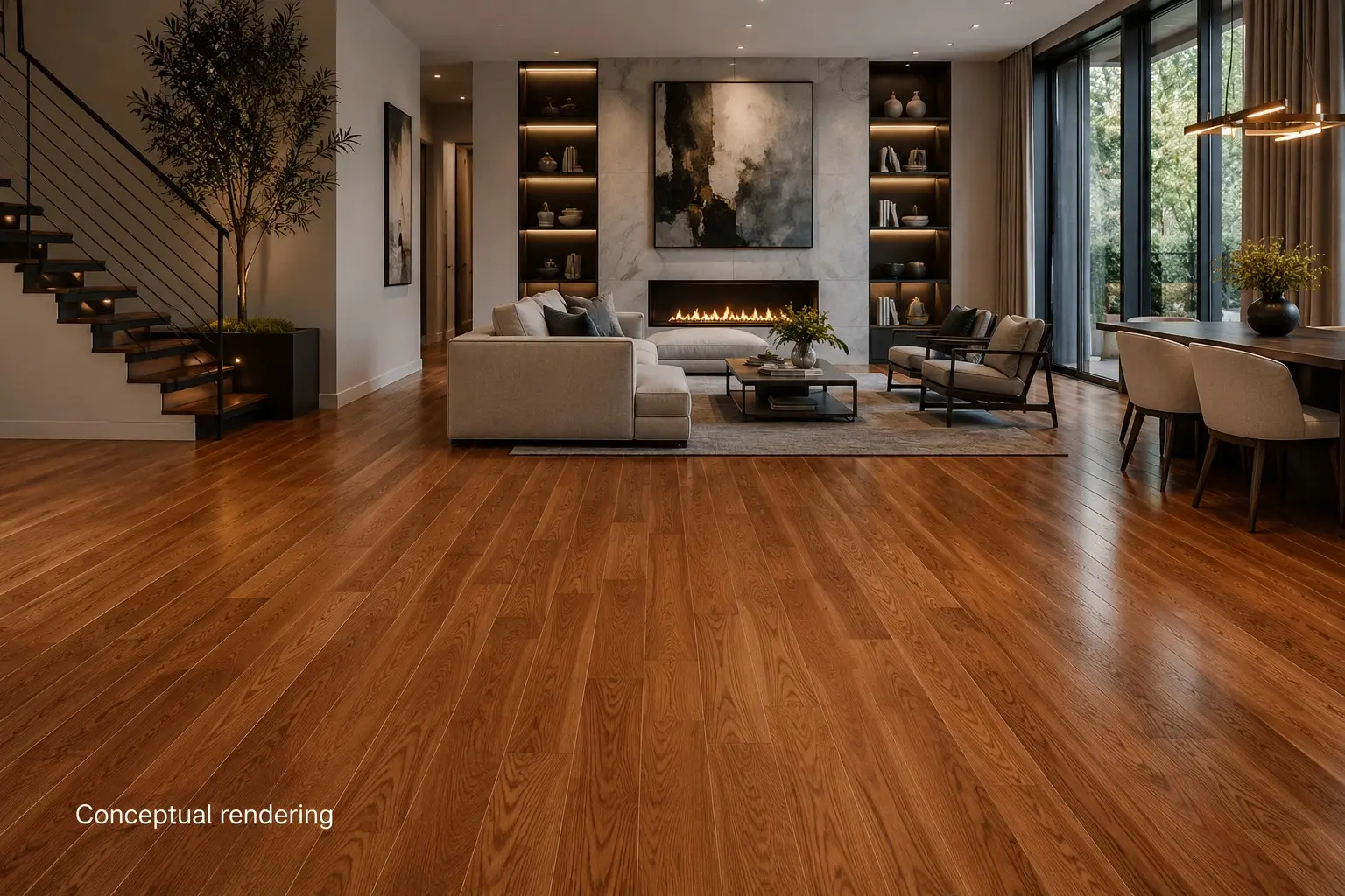 Conceptual rendering of luxury modern interior with premium hardwood flooring