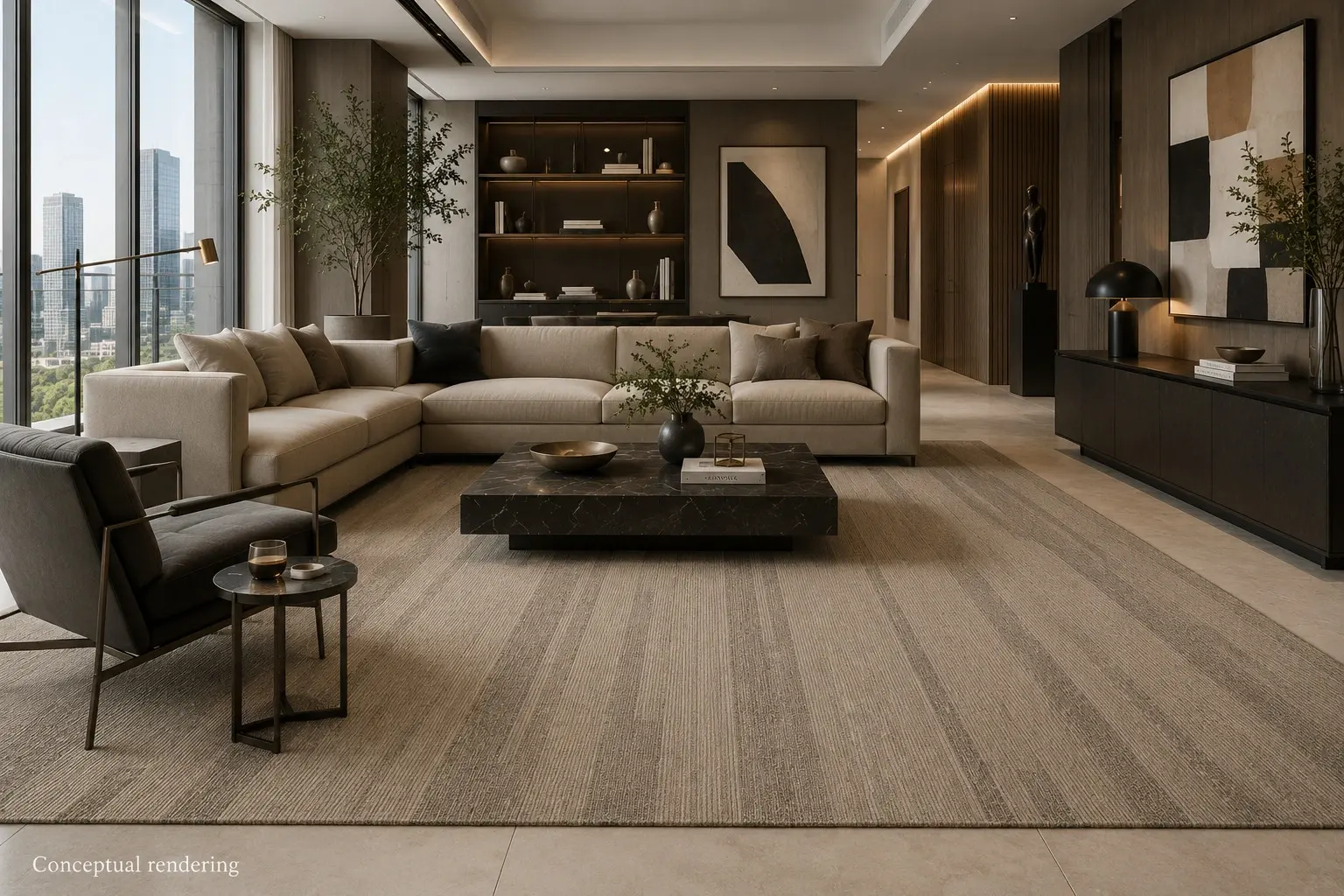 Conceptual rendering of modern living room with Carpet for flooring available at Nova Tile and Stone Reno showroom