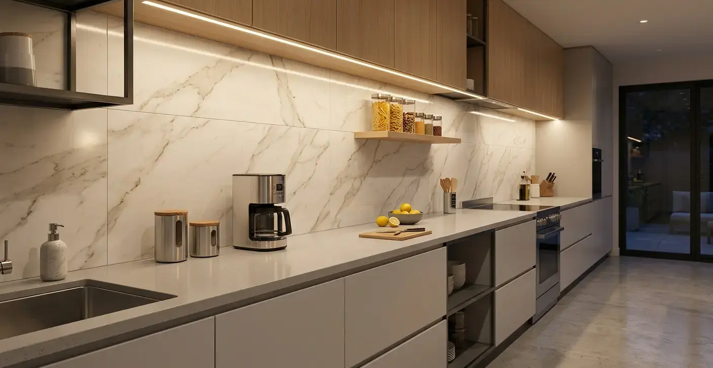 Conceptual rendering of a marble-look porcelain tile backsplash with calacatta veining above a light gray kitchen countertop