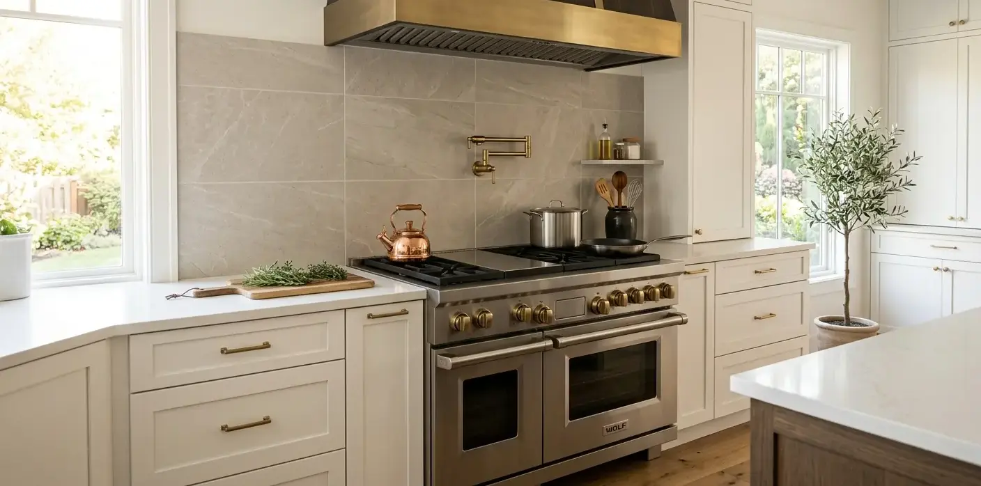 Conceptual rendering of a large-format 12x24 porcelain tile backsplash panel behind a kitchen range in soft warm gray