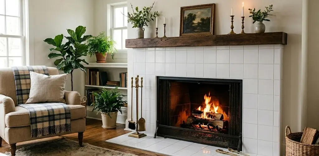 Conceptual rendering of porcelain tile in fireplace