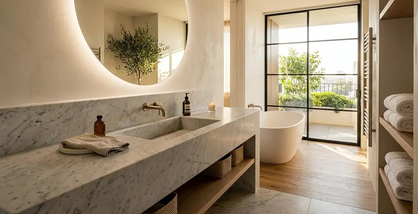 Conceptual rendering of a honed marble bathroom vanity with integrated basin in a modern residential interior