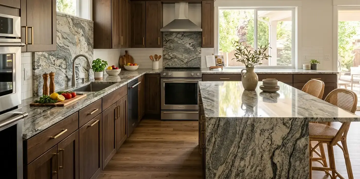 Conceptual rendering of polished granite kitchen countertops with natural veining in a Fernley residential home