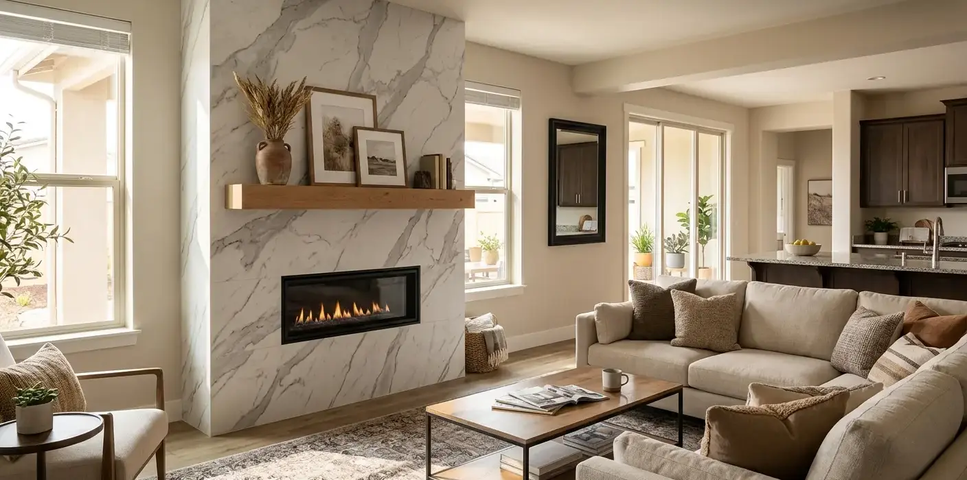 Conceptual rendering of a large-format porcelain slab fireplace surround in a Fernley home interior