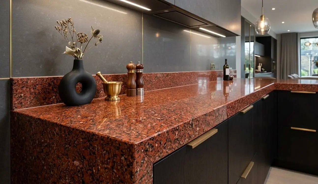 Conceptual rendering of Imperial red granite kitchen countertop and backsplash in modern kitchen at Reno, NV home
