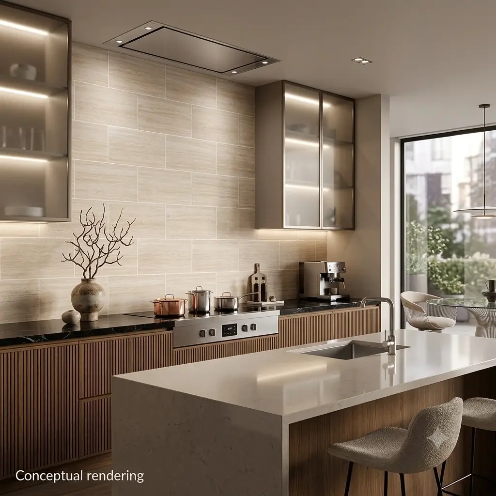 Conceptual rendering of modern kitchen featuring a large travertine tile backsplash at Reno, NV