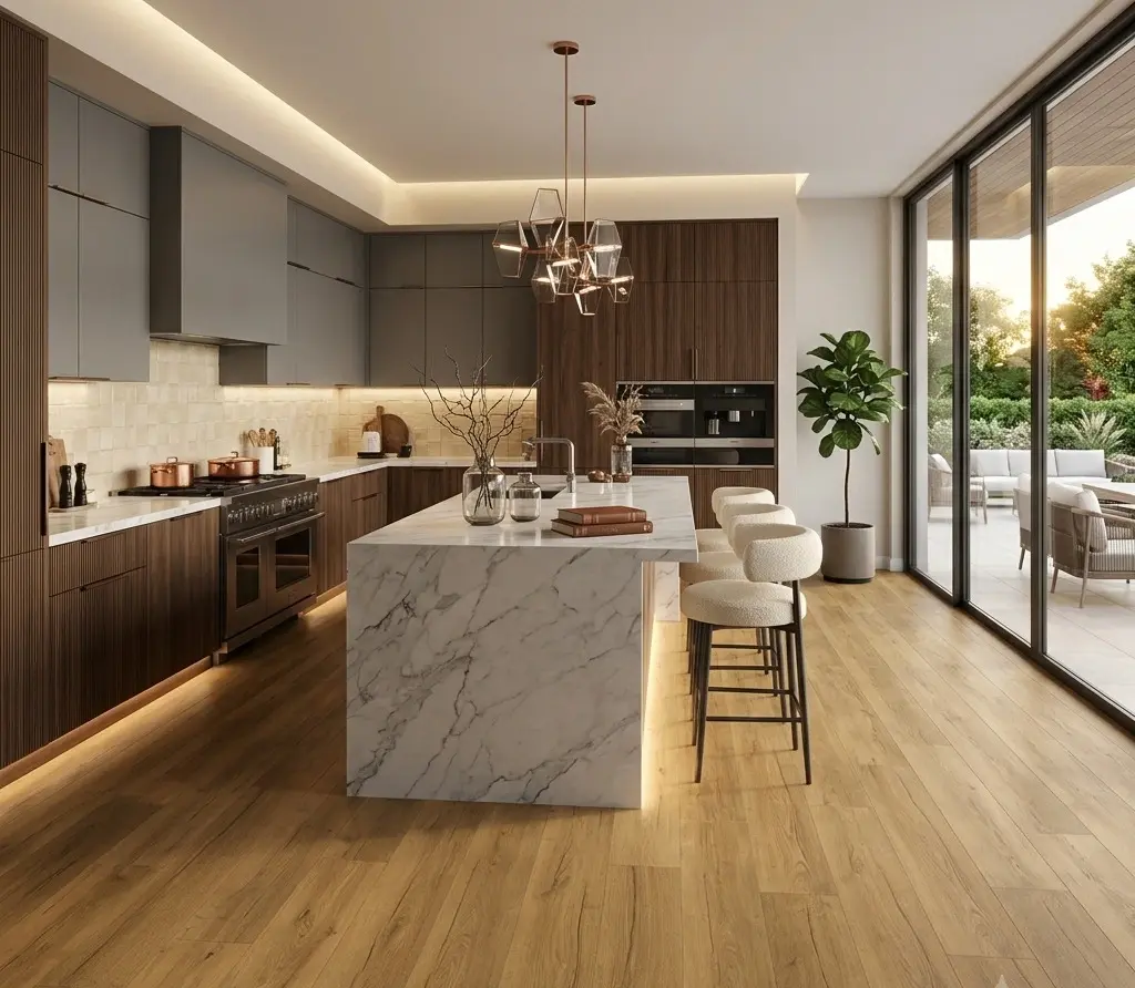 Conceptual rendering of kitchen interior featuring perfectly installed honey oak LVP flooring at Reno, NV