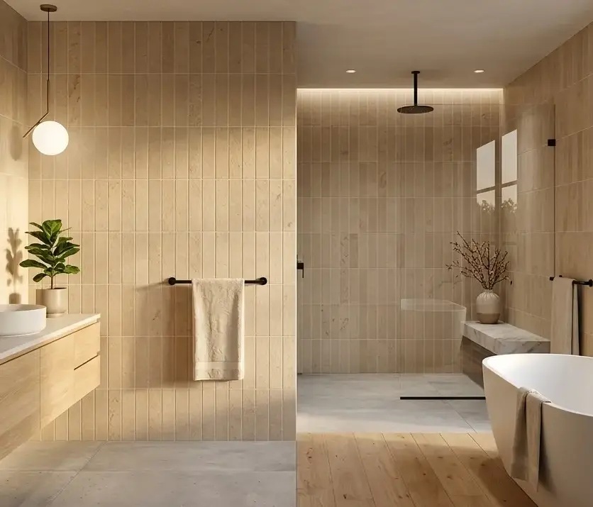 Conceptual rendering of tan porcelain tile in a vertical stack layout on a modern bathroom wall with matte stone surface finish