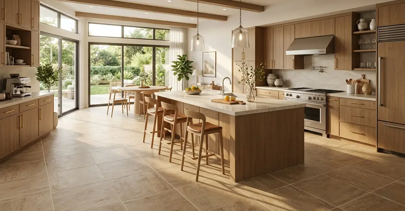 Conceptual rendering of tan porcelain tile installed on a kitchen floor with warm ivory grout and wood-tone cabinetry