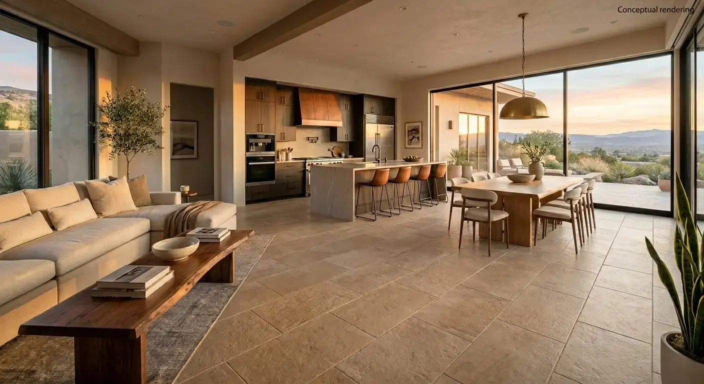 Conceptual rendering of large-format tan porcelain tile in a wide-offset brick-joint pattern on an open-plan living room floor