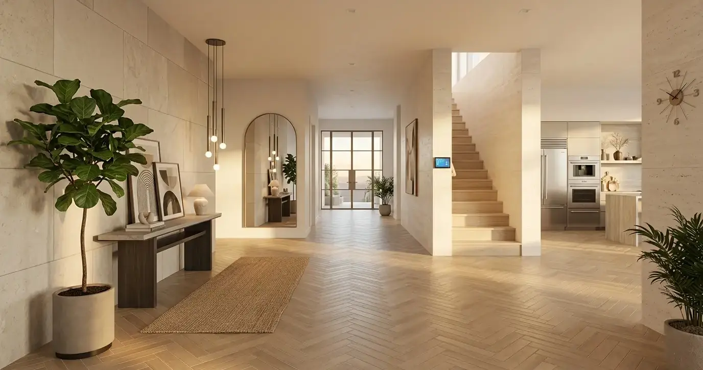 Conceptual rendering of tan porcelain tile in a herringbone layout at a residential entryway with a neutral stone surface palette