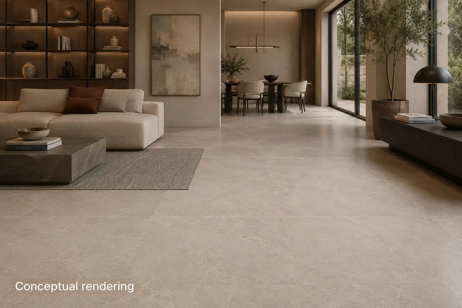 Conceptual rendering of taupe porcelain tile flooring in a luxury modern interior