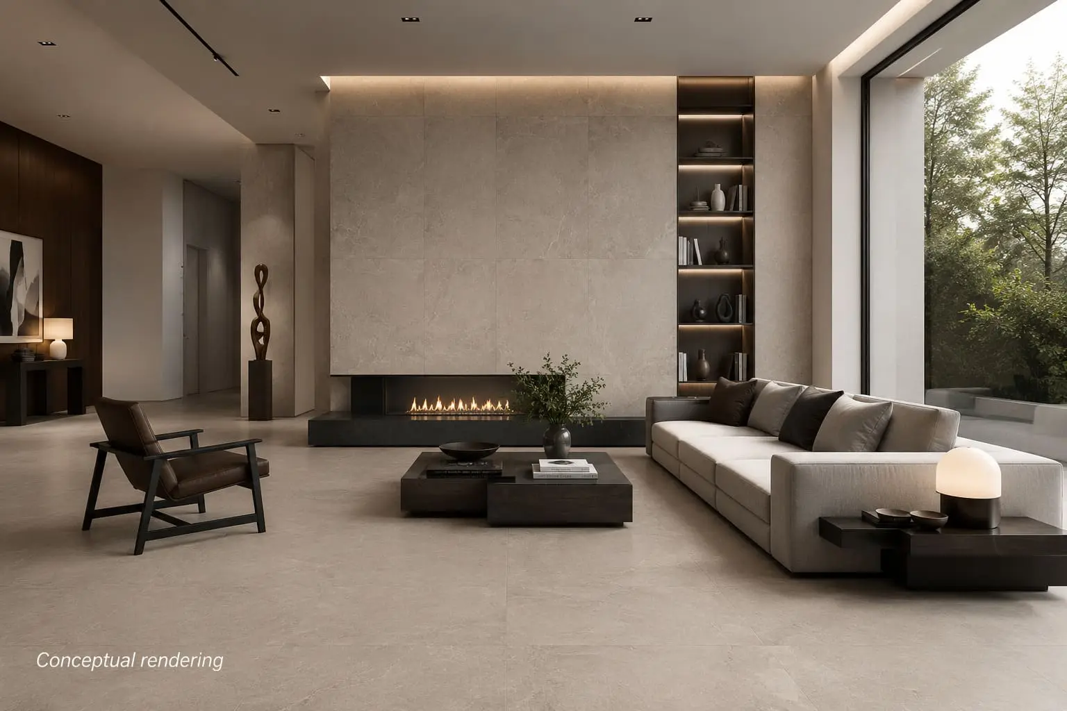 Conceptual rendering of luxury modern living room featuring taupe porcelain tile flooring and wall installation