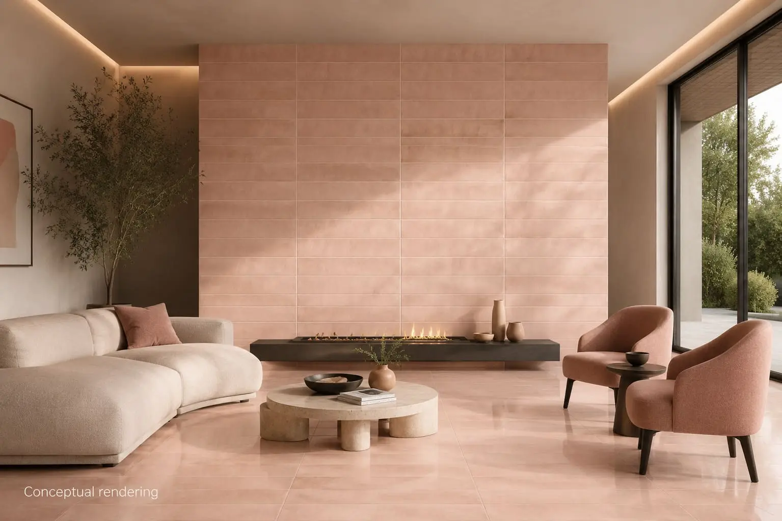 Conceptual rendering of luxury living room featuring blush porcelain tile walls and flooring in a modern interior design