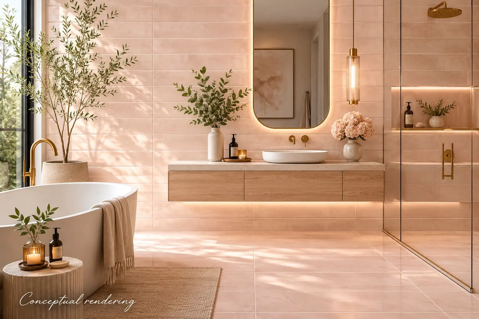 Conceptual rendering of modern bathroom featuring blush porcelain tile walls and floors with elegant spa-inspired design
