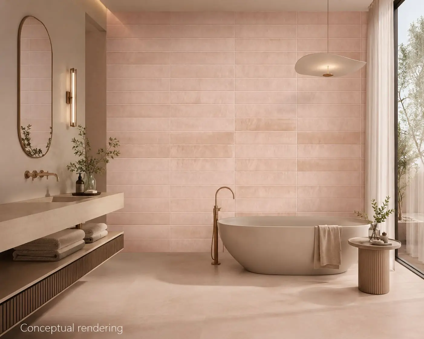Conceptual rendering of blush porcelain tile bathroom with freestanding tub and contemporary spa aesthetic