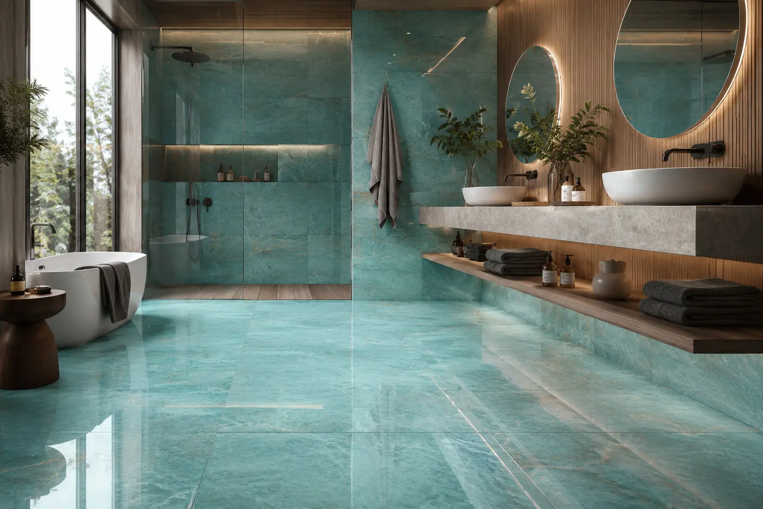 Conceptual rendering of a Turquoise Porcelain Tile in a bathroom
