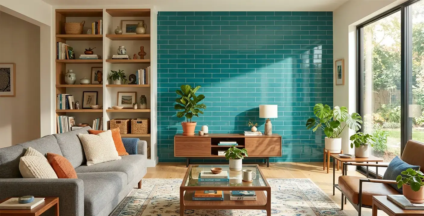 Conceptual rendering of teal porcelain tile living room accent wall in horizontal brick-joint pattern beside built-in shelving