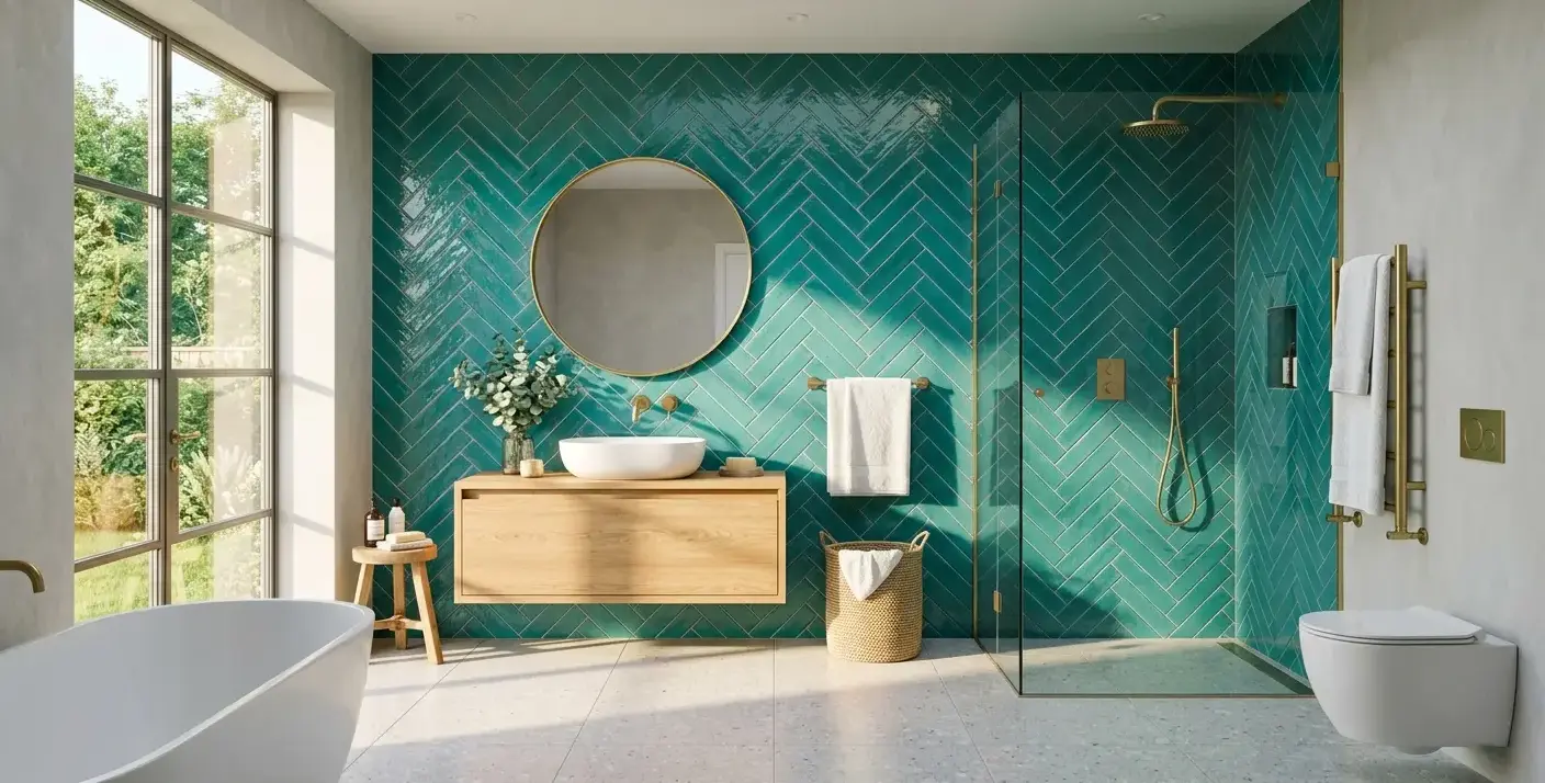 Conceptual rendering of teal porcelain tile bathroom wall in herringbone layout with light gray grout accent