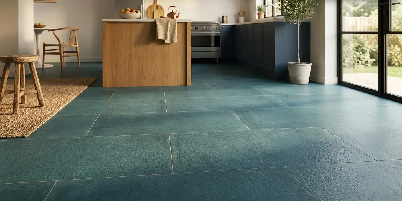 Conceptual rendering of matte teal porcelain tile close-up showing surface texture and blue-green color depth